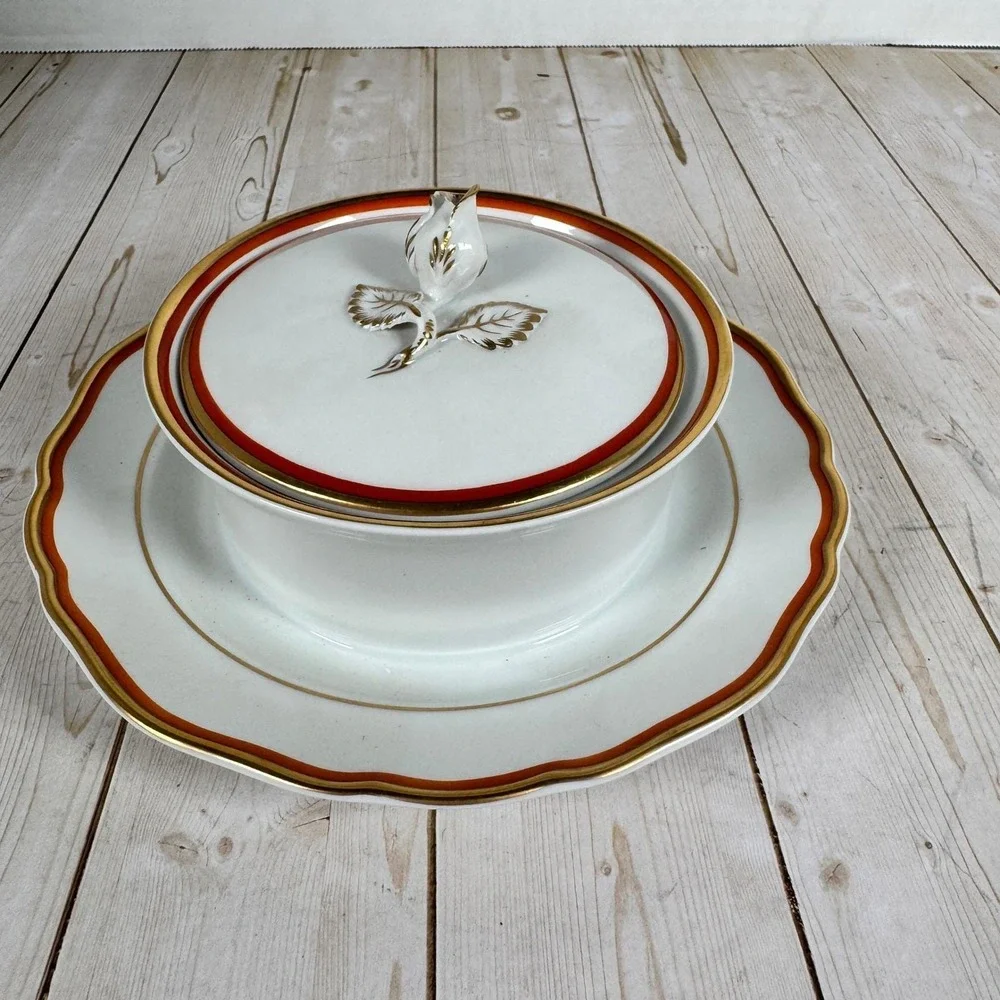 Meissen Orange Band Covered Dish‎ w/ Underplate Rosebud Finial Crossed Swords